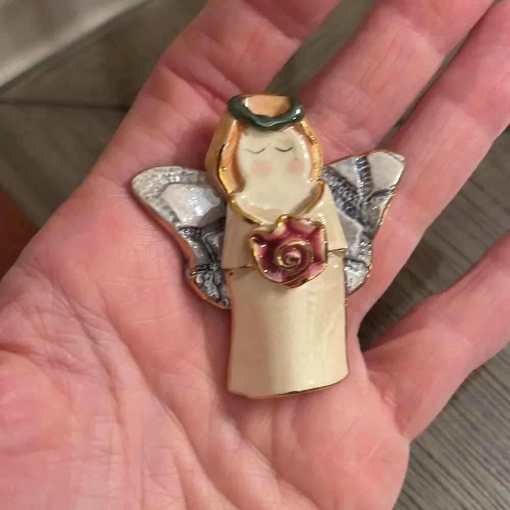 Vintage Ceramic Lusterware Angel with Rose Brooch Lapel Pin